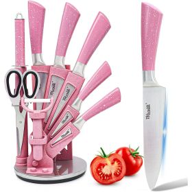 Kitchen Knife Set, 9PC Pink Wheat Straw Sharp Cooking Knife Set with Acrylic Stand (Brand: Dot Pet)